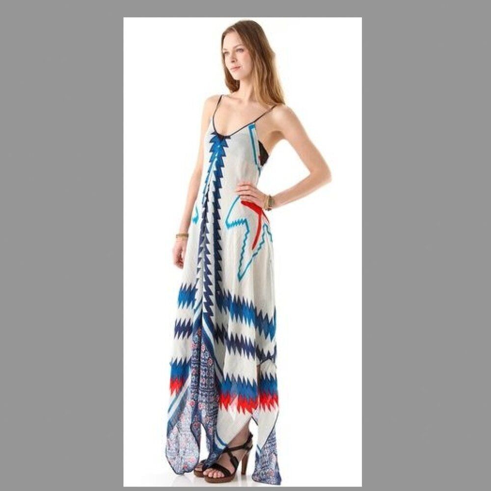 NEW Theodora Callum Linen Scarf Dress Beach CoverUp Maxi Boho Abstract Long